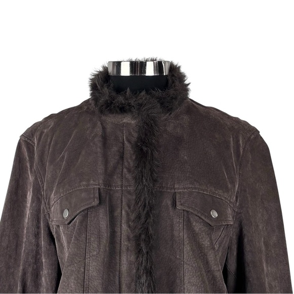 Y2K CROPPED SUEDE LEATHER FAUX FUR TRIM CHOCOLATE BROWN JACKET COLDWATER CREEK - Picture 9 of 15